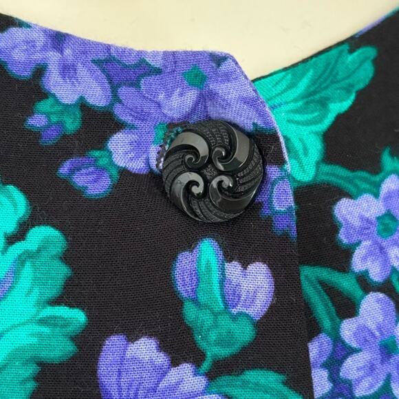 VTG 80s ADRIAN JORDAN Black Floral Button Front Sheath Dress SZ 14 - Picture 7 of 13